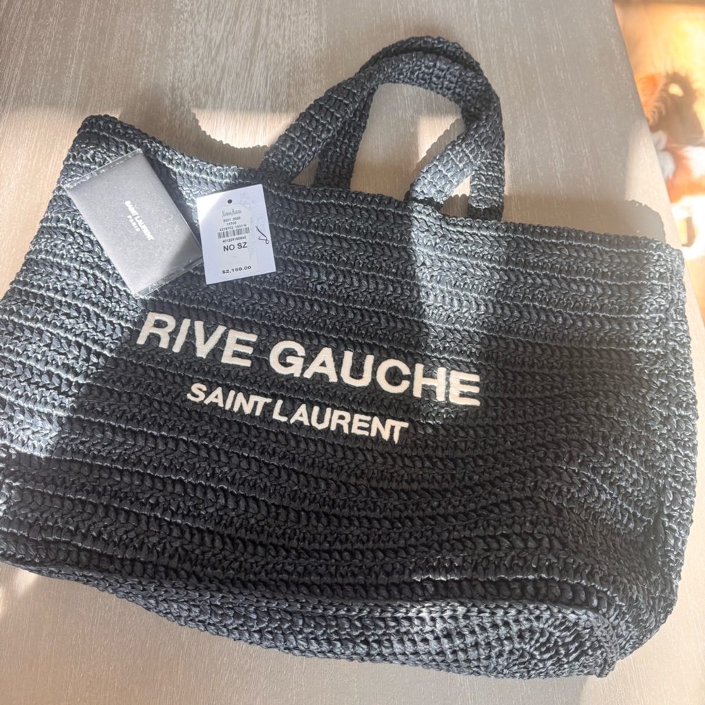 Saint Laurent Black Rive Gauche Crochet Tote with White Logo